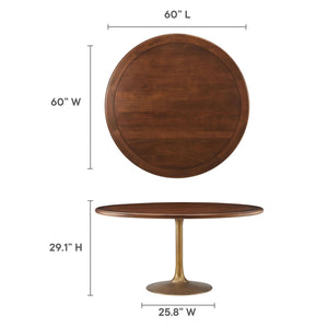 60 Inch Round Wood Dining Table with Metal Pedestal in Brass Walnut - Modern Industrial Dining Table for 6 People - Solid Wood Tulip Kitchen Table