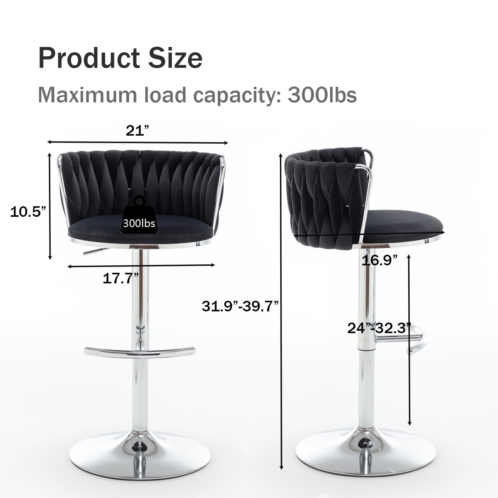 Velvet Bar Stools Set of 3, Swivel Counter Height Bar Stools with Back, Adjustable Woven Barstools for Kitchen Island, Pub, Club (Black)