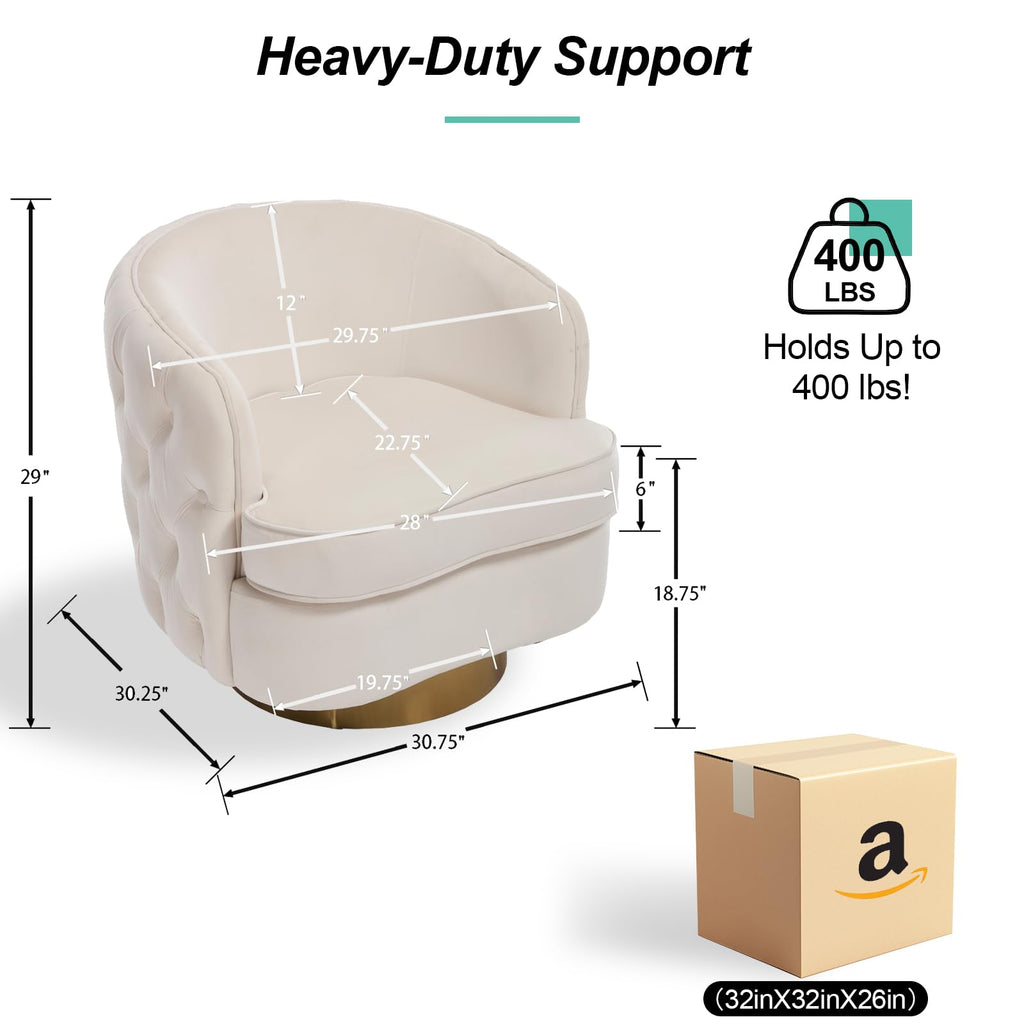 Modern Accent Chair, Swivel Barrel Armchair for Living Room, Button Tufted Velvet Comfy Chairs, Round Upholstered Single Sofa Seating with Gold Base, White