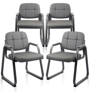 4 Pack, Waiting Room Guest Chair with Bonded Leather Padded Arm Rest for Office Reception and Conference Desk Black with Sled Base Grey