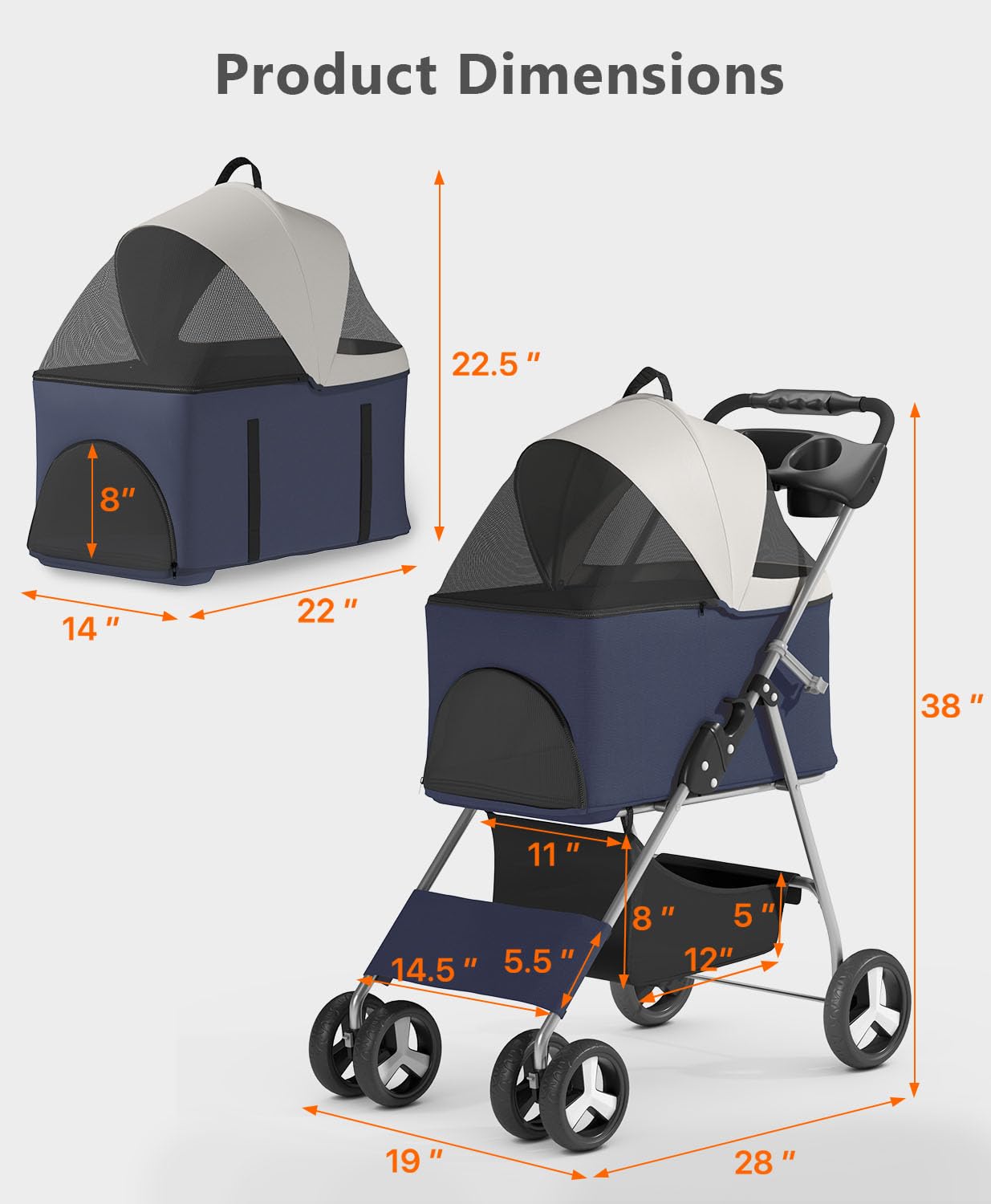 Pet Stroller with 4 Wheels for Small/Medium Pets,Travel Foldable Detachable Carrier for Dog Cat Cage Jogger Stroller, Rear Wheel Breaks, Storage Basket, Visible Mesh Weather Cover (Navy Blue)