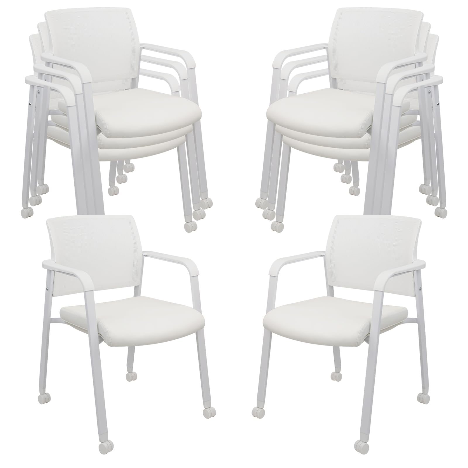 Set of 8, White, Stacking Office Chairs with Wheels | Mesh Back, Thicken Leather Seat and Streamline Armrests, Ergonomic Lumber Support | School, Desk, Guest Reception, Waiting, Conference |