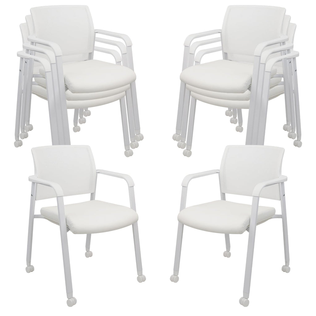 Set of 8, White, Stacking Office Chairs with Wheels | Mesh Back, Thicken Leather Seat and Streamline Armrests, Ergonomic Lumber Support | School, Desk, Guest Reception, Waiting, Conference |