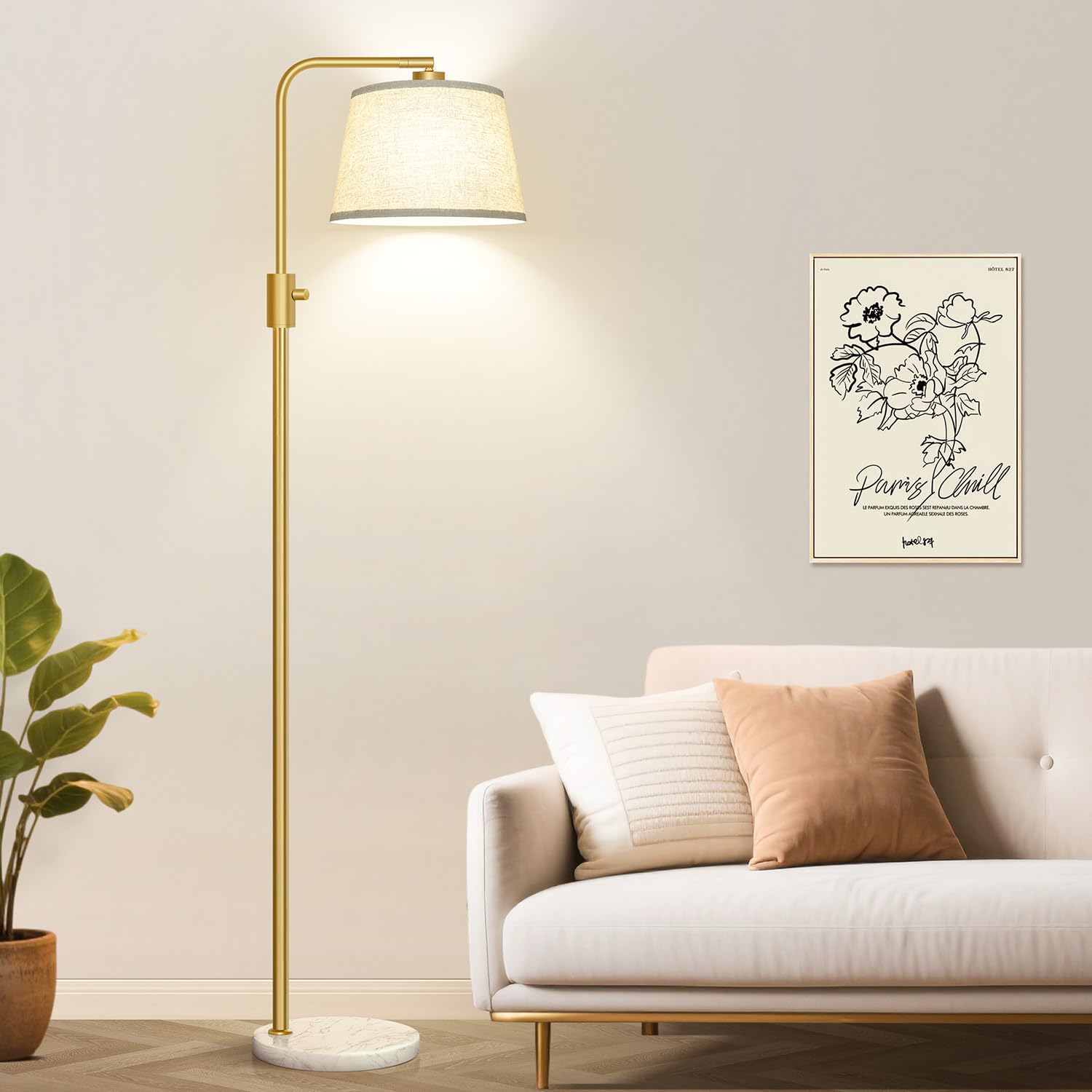 Dimmable Gold Floor Lamp, 1000 LM LED Edison Bulb Included, Arc Floor Lamps for Living Room with Marble Base, Modern Standing Lamp Tall Lamps for Living Room Bedroom