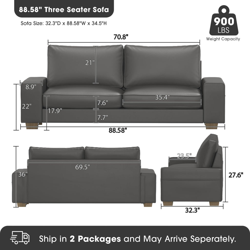 Faux Leather Couch, Mid Century Modern Comfy Loveseat Sofa with Wide Arm, Side Pockets, Solid Wooden Frame for Office, Living Room and Bedroom, 3 Seater (Gery, 88.58 inches)
