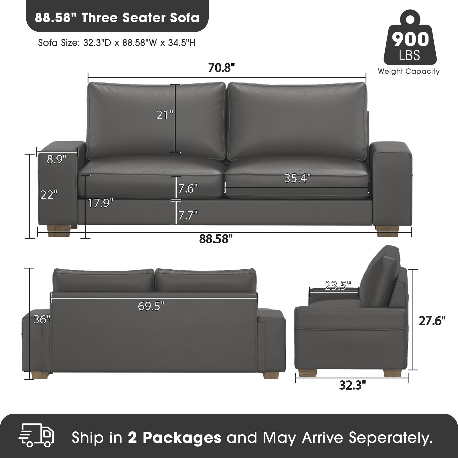 Faux Leather Couch, Mid Century Modern Comfy Loveseat Sofa with Wide Arm, Side Pockets, Solid Wooden Frame for Office, Living Room and Bedroom, 3 Seater (Gery, 88.58 inches)