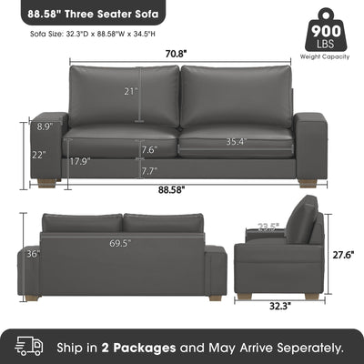 Faux Leather Couch, Mid Century Modern Comfy Loveseat Sofa with Wide Arm, Side Pockets, Solid Wooden Frame for Office, Living Room and Bedroom, 3 Seater (Gery, 88.58 inches)