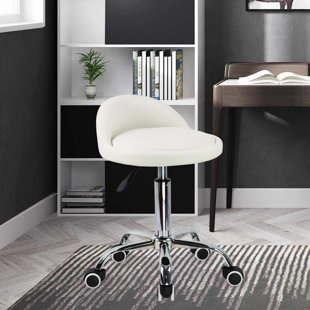 PU Leather Round Rolling Stool with Back Rest Height Adjustable Swivel Drafting Work SPA Task Chair with Wheels (White)