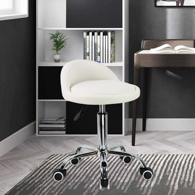 PU Leather Round Rolling Stool with Back Rest Height Adjustable Swivel Drafting Work SPA Task Chair with Wheels (White)