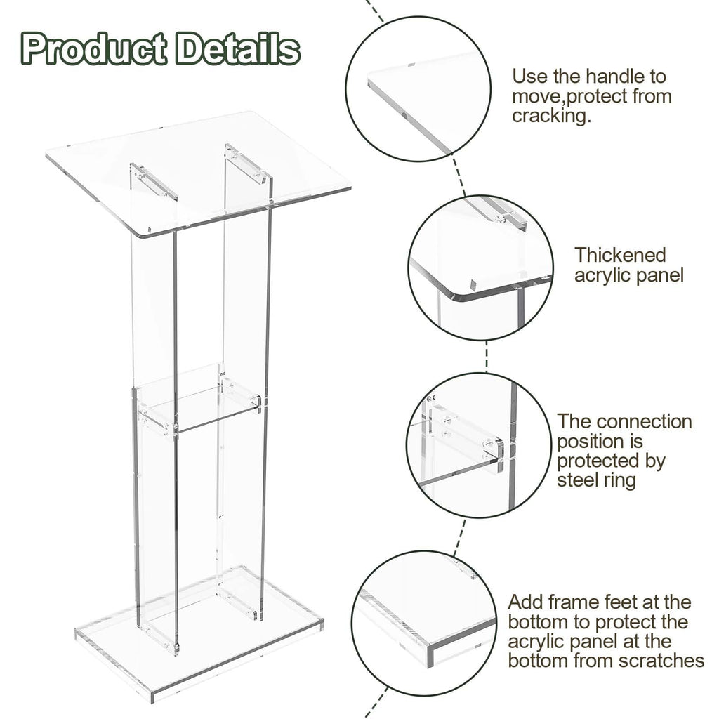 Acrylic Clear Lecterns Podium Stand, 50 Inch - Pulpits for Classrooms, Weddings, Churches, Conference, Speeches, Professional Presentation Podiums with Storage Shelf (Transparent)