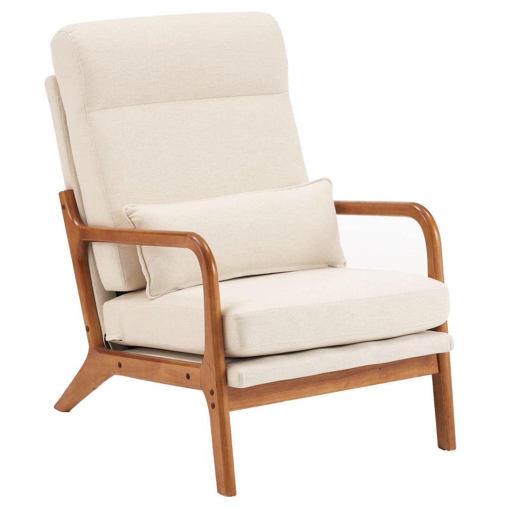 High Back Beige Accent Chairs Set of 2, Upholstered Mid Century Modern Lounge Fabric Chairs Reading Chairs Side Sitting Chair Solid Wood Farmhouse Armchairs for Living Room, Bedroom, Guest Room