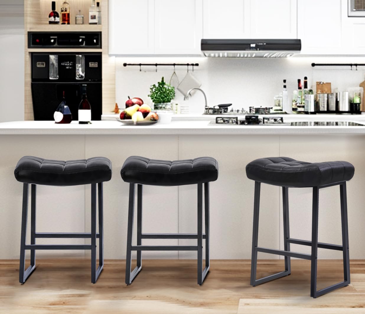 Black Bar Stools Set of 3 for Kitchen Island Counter Height Stools Modern Backless Barstools with Upholstered Faux Leather Saddle Seat and Metal Frame Industrial Bar Chairs, 24 inch