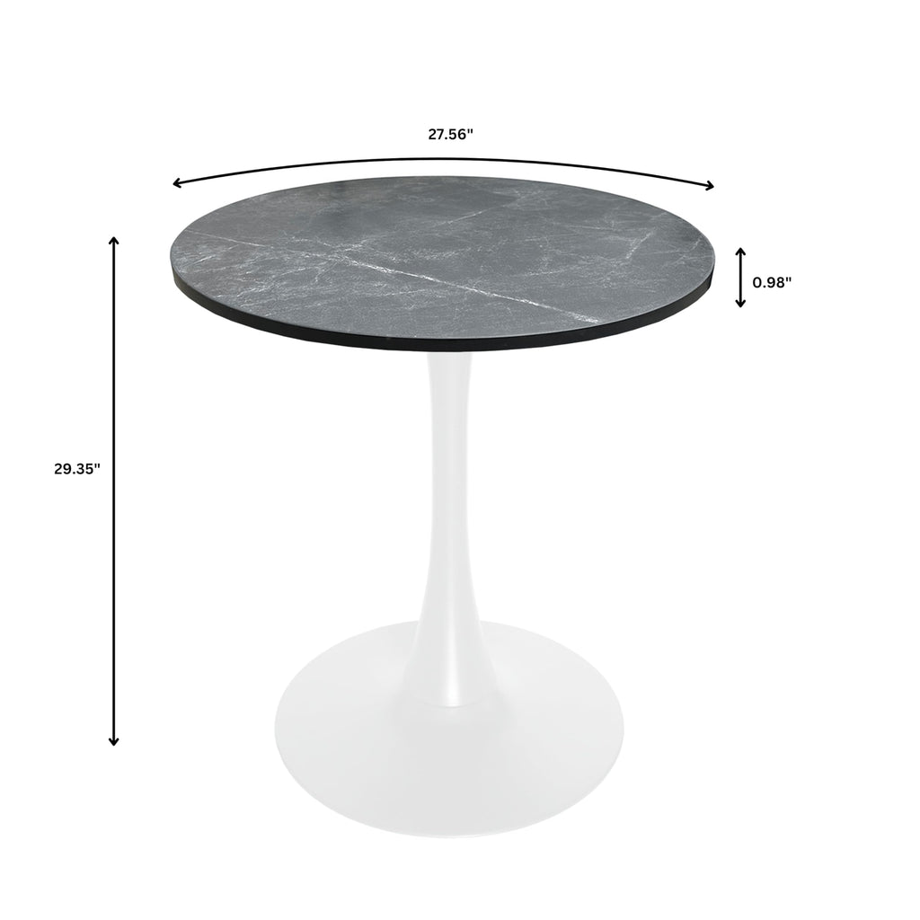 27" Wide Round Dining Table, Modern MDF Wood Top & White Metal Pedestal Base Gloss Finish Accent Table Mid-Century Café Table, Kitchen Dining Room Furniture, Black