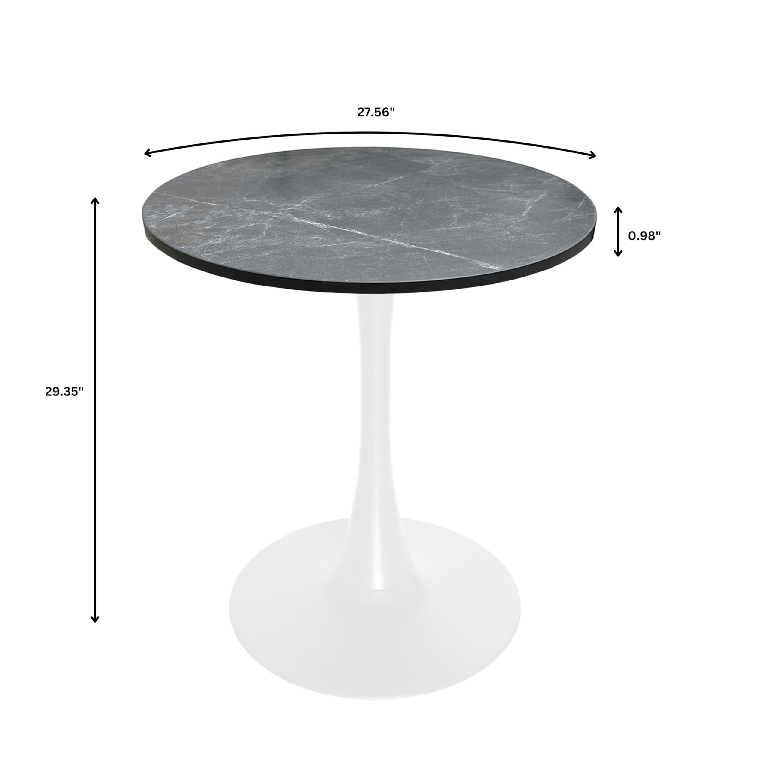 27" Wide Round Dining Table, Modern MDF Wood Top & White Metal Pedestal Base Gloss Finish Accent Table Mid-Century Café Table, Kitchen Dining Room Furniture, Black