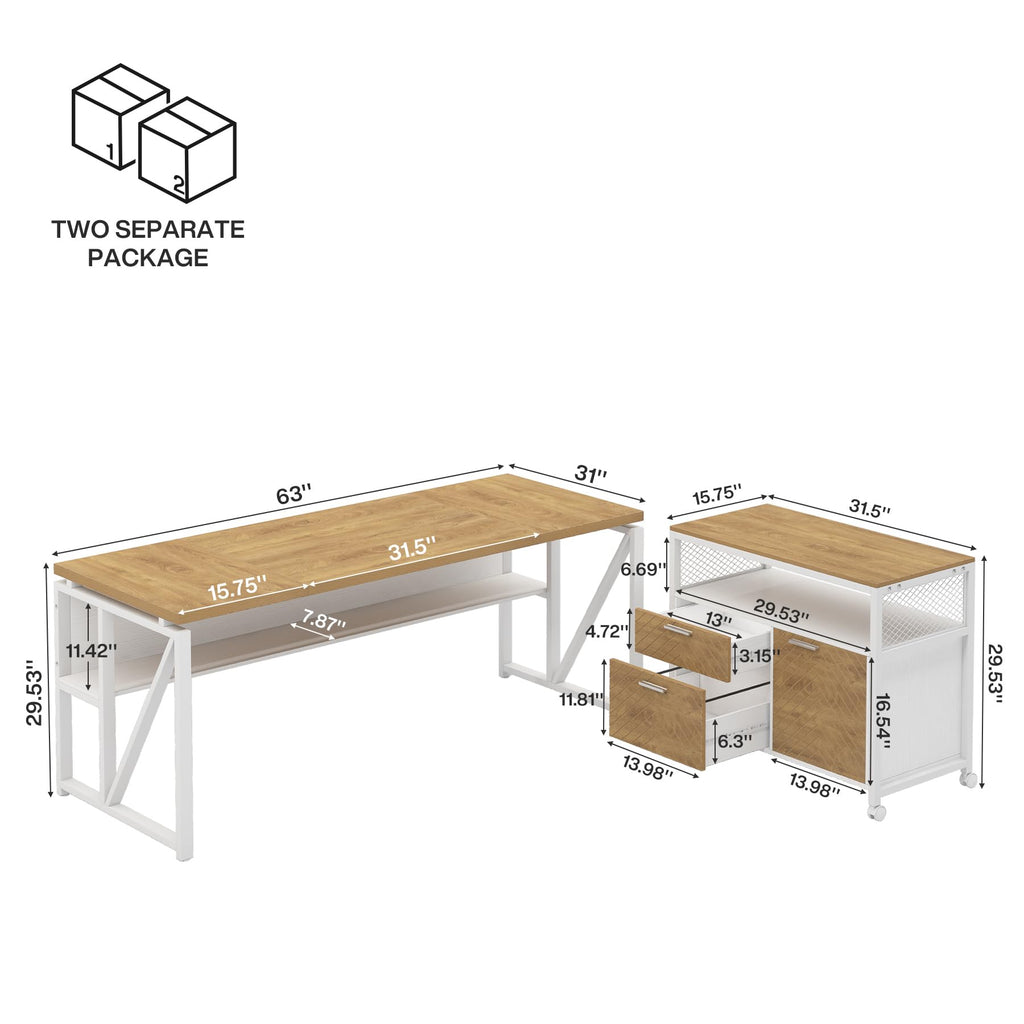 L Shaped Desk with Drawer Cabinet, 63" Executive Computer Desk and lateral File Cabinet, 2 Piece Home Office Furniture with Drawers for Hanging, Doors with Locks (Light Walnut, 63 inches)