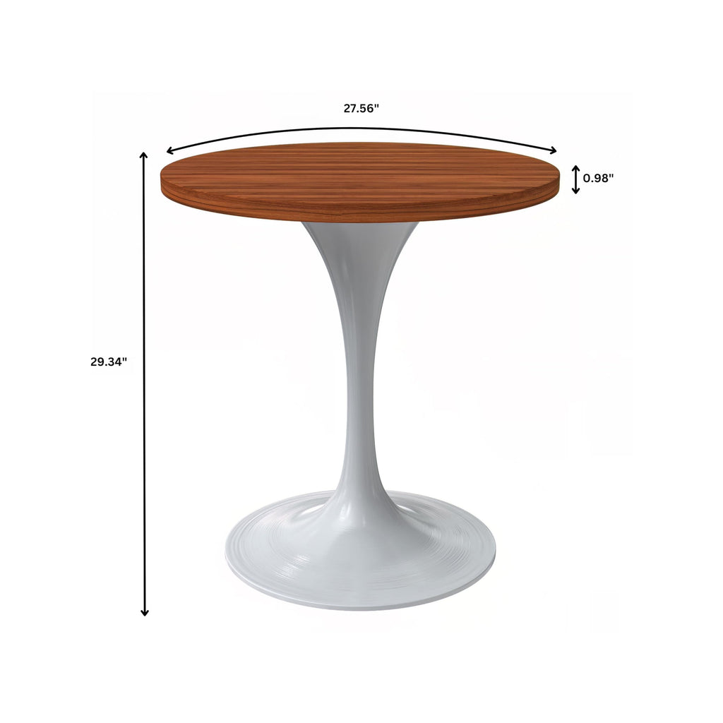 Mid-Century Modern 27 Inch Round Dining Table, MDF Wood Tabletop with White Steel Pedestal Base, Contemporary Kitchen & Dining Room, Small Space Breakfast Table, Cognac Brown