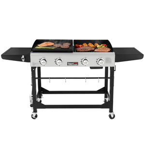 Portable Propane Gas Grill and Griddle Combo with Side Table | 4-Burner, Folding Legs,Versatile, Outdoor | Black 66 Inch