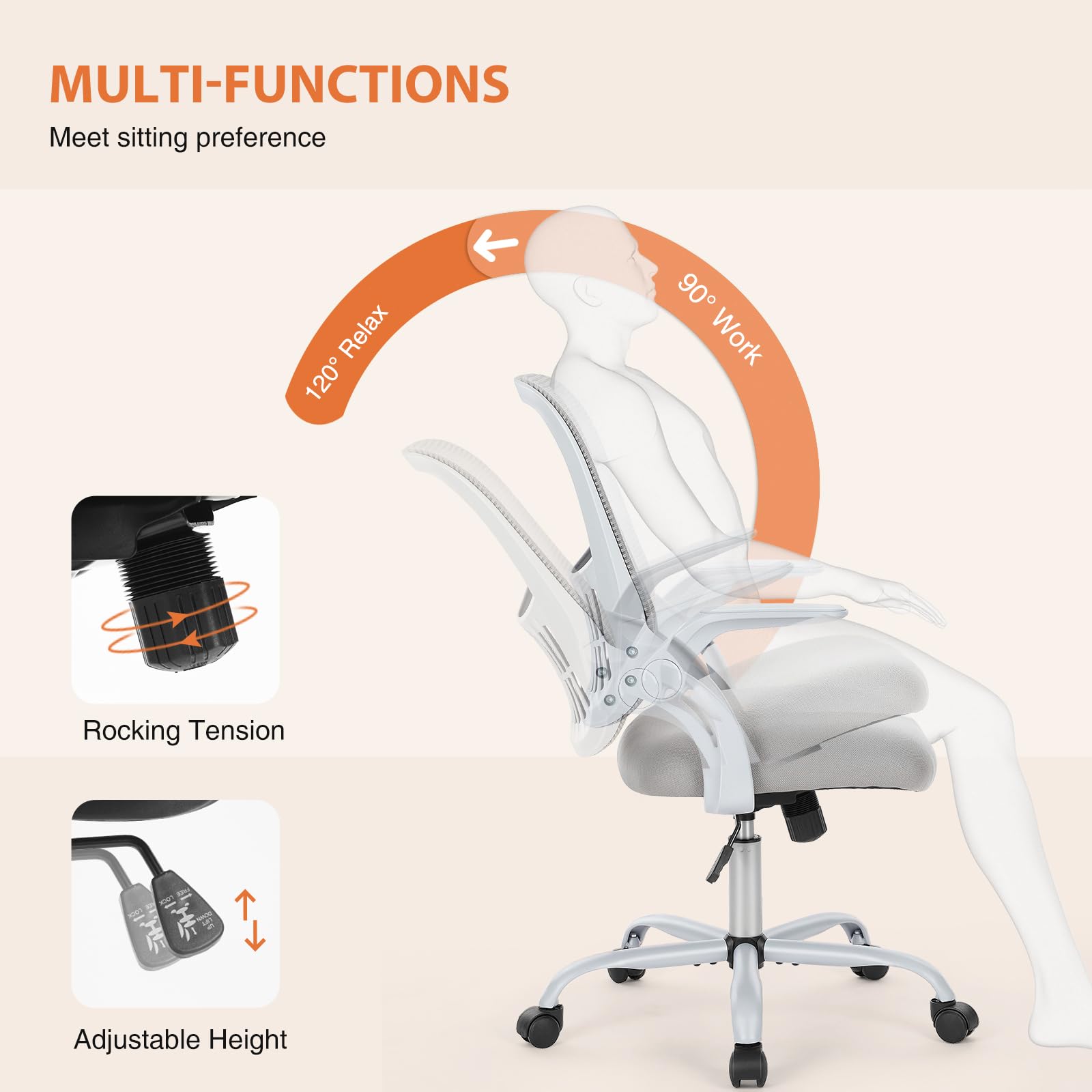 Home Office Managerial Executive Chair, Ergonomic Mesh Adjustable Swivel Mid-Back Chair with, Flip-up Arms, Comfortable Lumbar Support, Comfy Arms for Bedroom,Study,Student, Grey