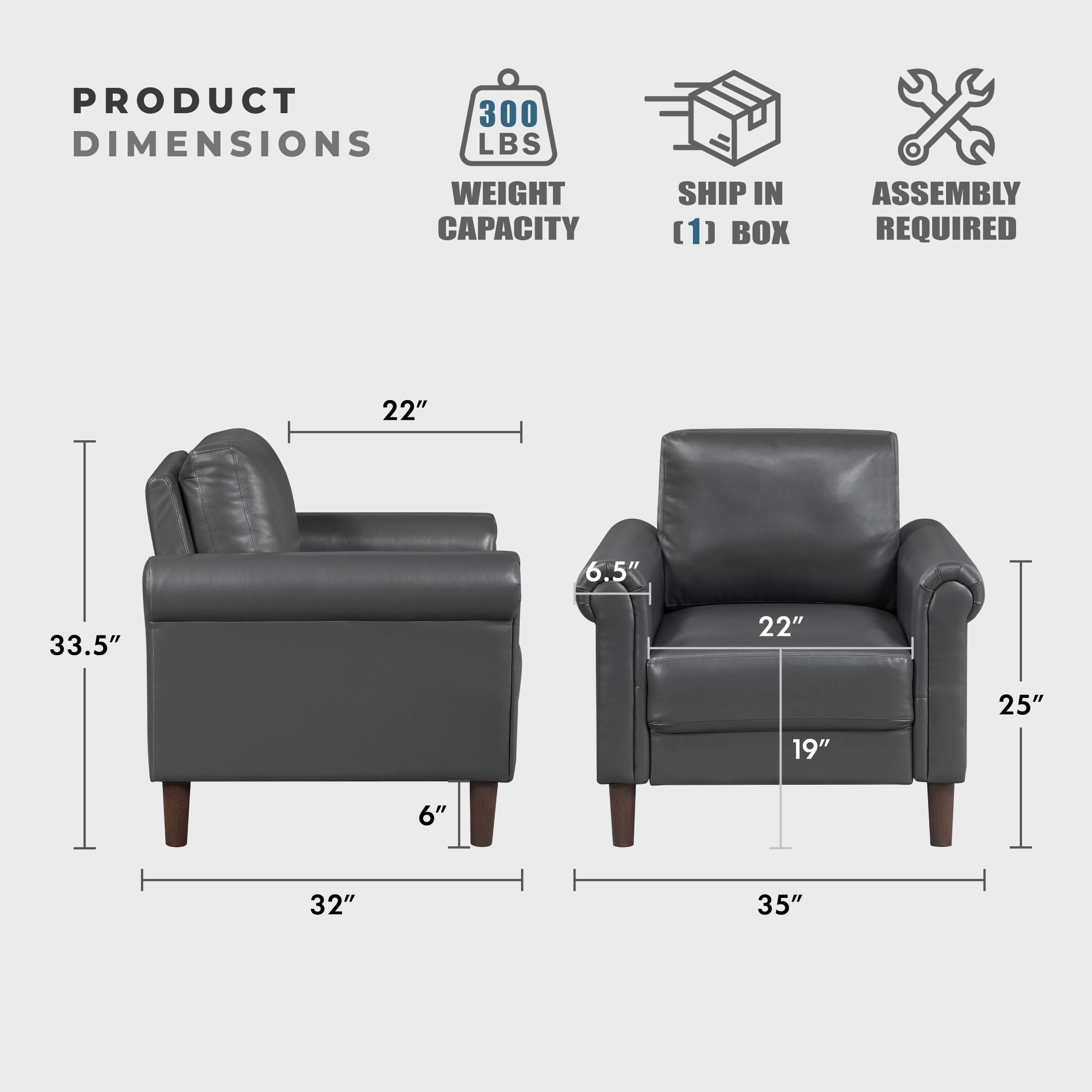 35" W Living Room Accent Chair, Faux Leather Upholstered Armchair with Rolled Arms & Wood-Look Feet, Traditional Single Sofa Chair for Living Room, Bedroom or Office - Dark Gray