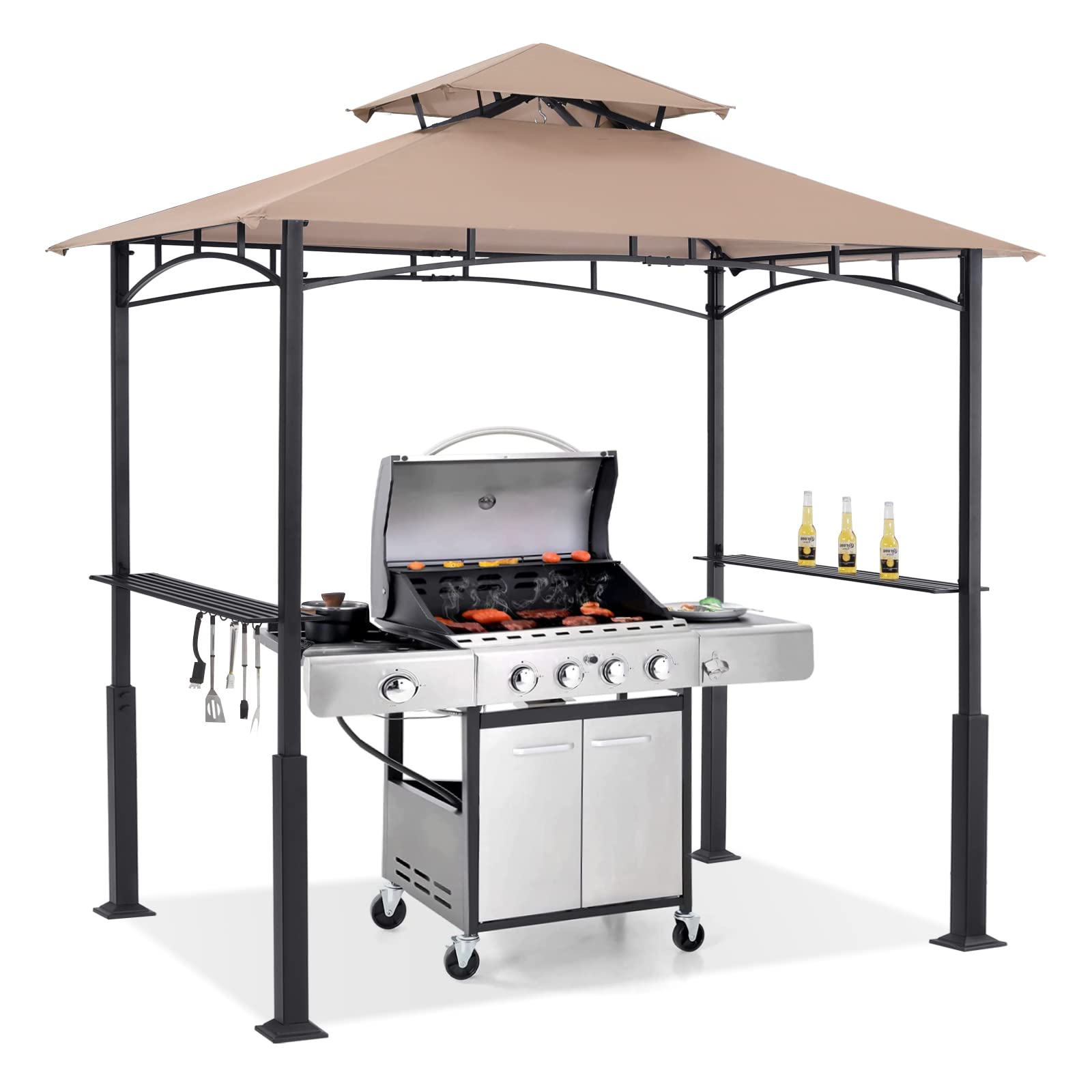8x5 Grill Gazebo - Outdoor BBQ Canopy Shelter with Led Light for Patio Backyard Grilling (Khaki)
