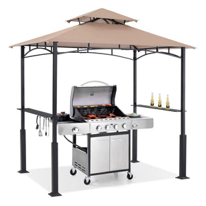 8x5 Grill Gazebo - Outdoor BBQ Canopy Shelter with Led Light for Patio Backyard Grilling (Khaki)