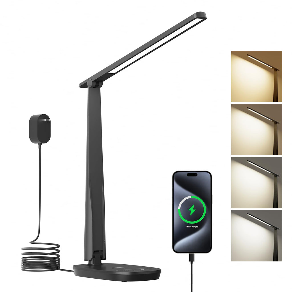 LED Desk Lamp for Home Office, Eye-Caring Light with 4 Color Modes & Touch Control, USB A+C Charging Ports, Adjustable Rotating Head with Timer for Reading, Bedroom & Small Desks