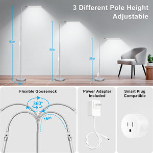 Bright Floor Lamp, 18W/2000LM Silver LED Floor Lamp with Double Head, Adjustable Gooseneck Dimmable Craft Light for Sewing Tatoo Puzzle，Eye Caring Reading Lamps for Living Room Bedroom Office