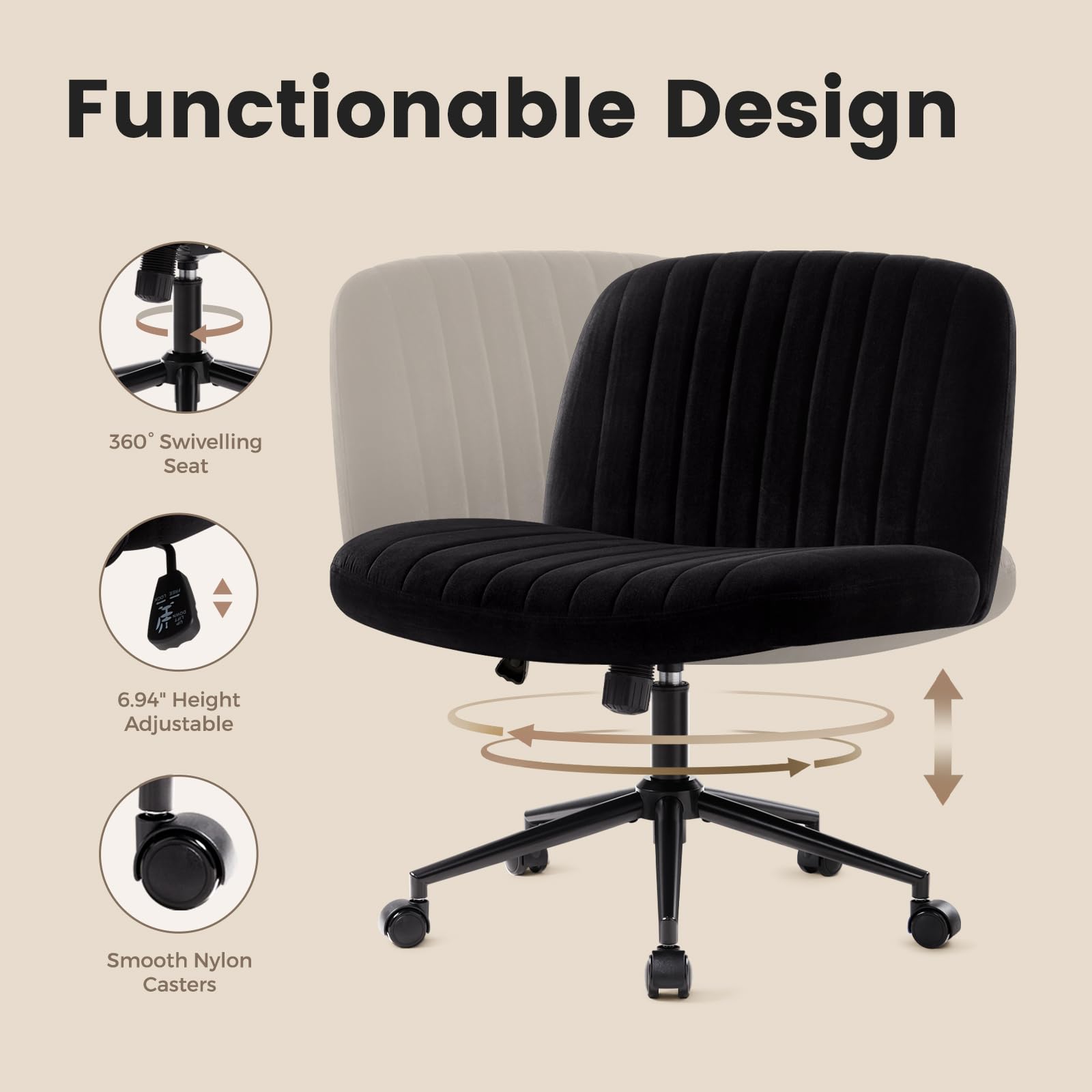 Criss Cross Chair Cross Legged Office Chair with Wheels Armless Wide Seat Desk Chairs Height Adjustable Computer Task Chairs Swivel Vanity Chair for Home Office Bedroom Make Up Small Space Black