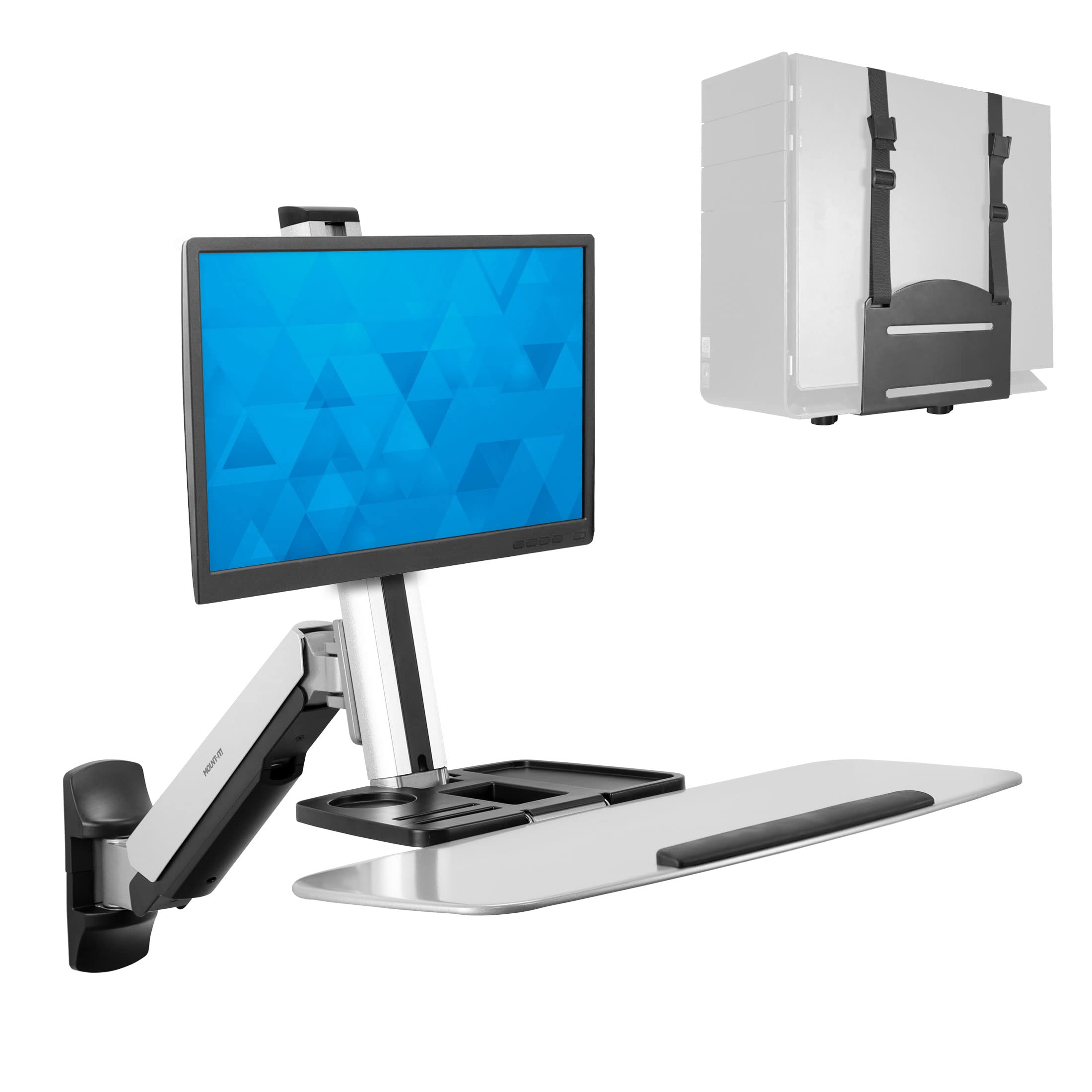Sit Stand Wall Mount Workstation | Adjustable Height Stand Up Computer Station with Articulating Monitor Mount, Keyboard Tray, & CPU Holder | VESA Mount 75x75 and 100x100 | MI-7905