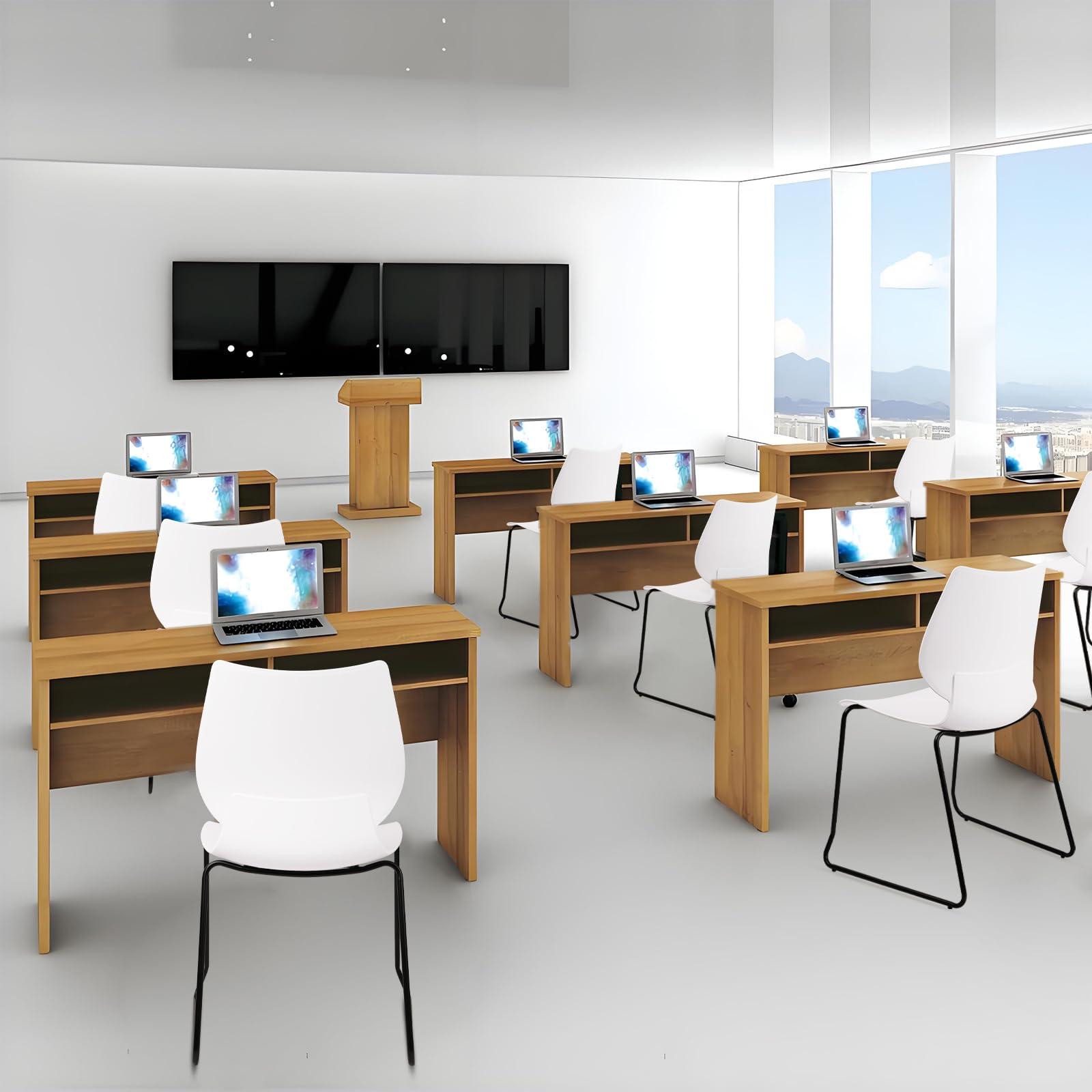 Set of 12, White, Stackable Waiting Room Chair, Stacking Office Chair with Ergonomic Lumbar Support and Metal Legs, Plastic Desk Chairs for Conference School Church Guest Reception