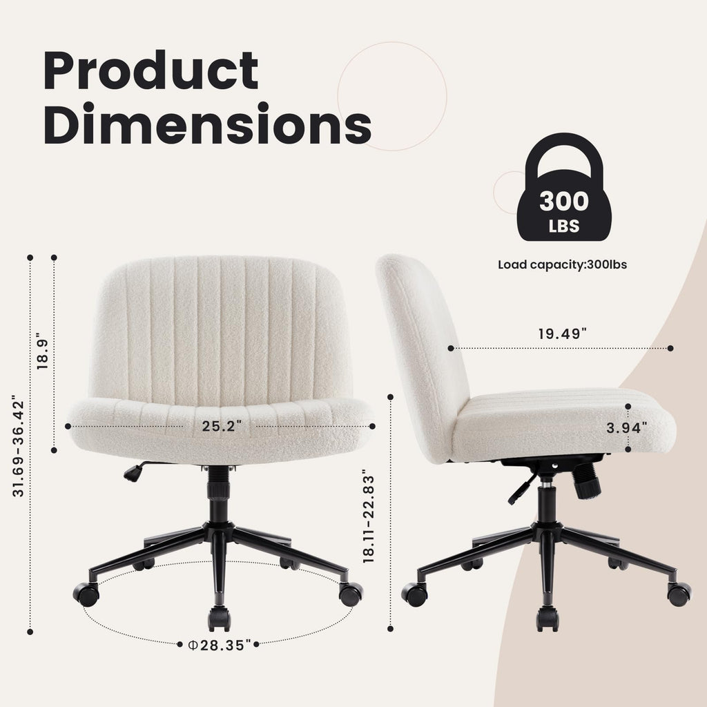 Criss Cross Chair Cross Legged Office Chair with Wheels Armless Wide Seat Desk Chairs Height Adjustable Computer Task Chairs Swivel Vanity Chair for Home Office Bedroom Make Up Teddy Fabric White