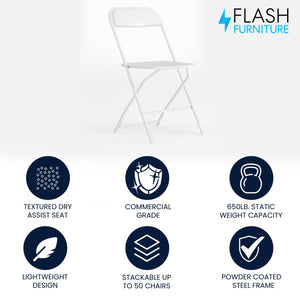 Hercules Series Plastic Folding Chair - White - 650LB Weight Capacity Comfortable Event Chair - Lightweight Folding Chair