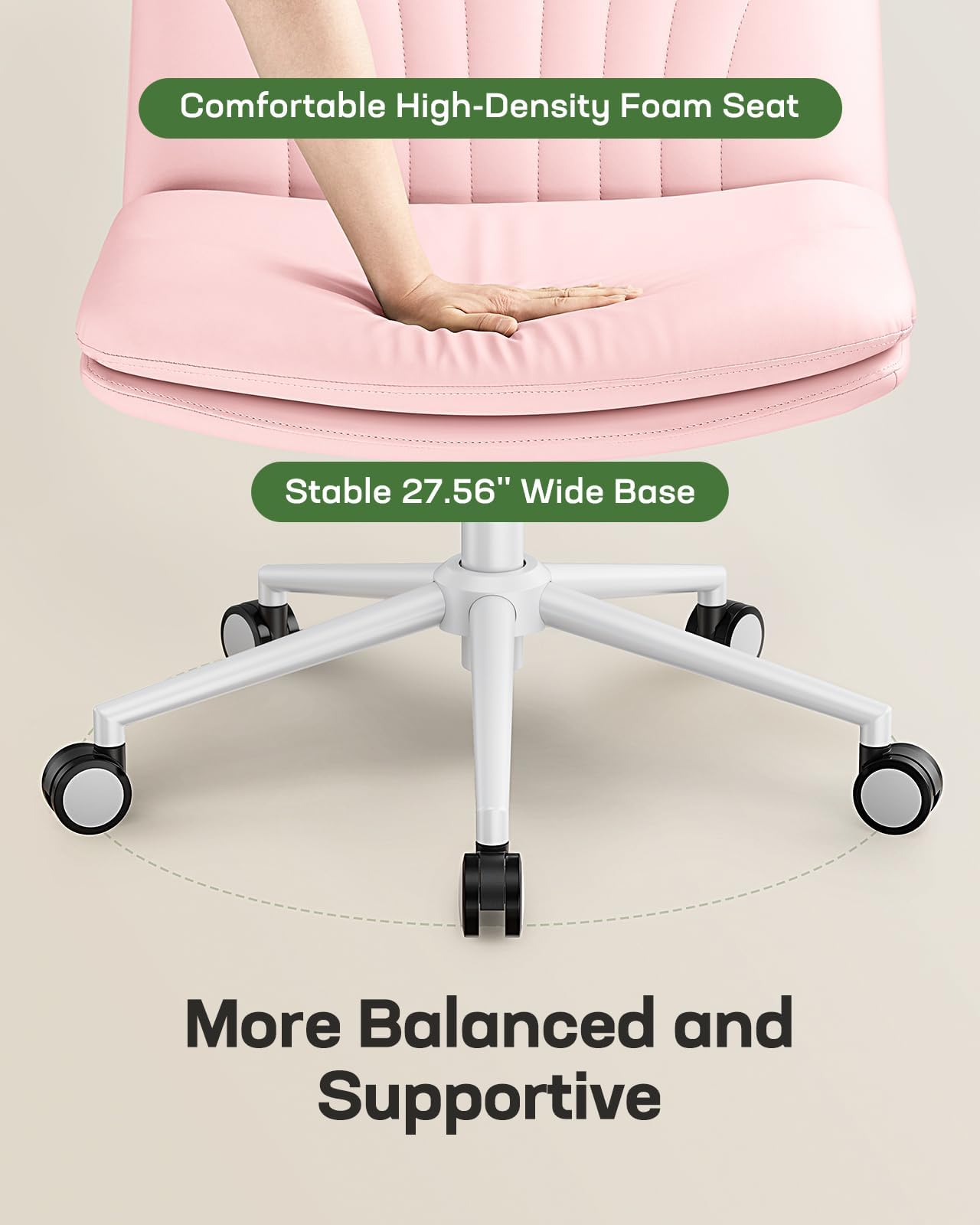 Armless-Office Desk Chair with Wheels: PU Leather Cross Legged Wide Chair,Comfortable Adjustable Swivel Computer Task Chairs for Home,Office,Make Up,Small Space,Bed Room, Pink