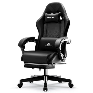 Gaming Chair,Ergonomic Massage Computer Office Desk Chair with Footrest,Pocket Spring Cushion,Reclining Leather Adjustable Gamer Chair with Headrest and Lumbar Support,Black