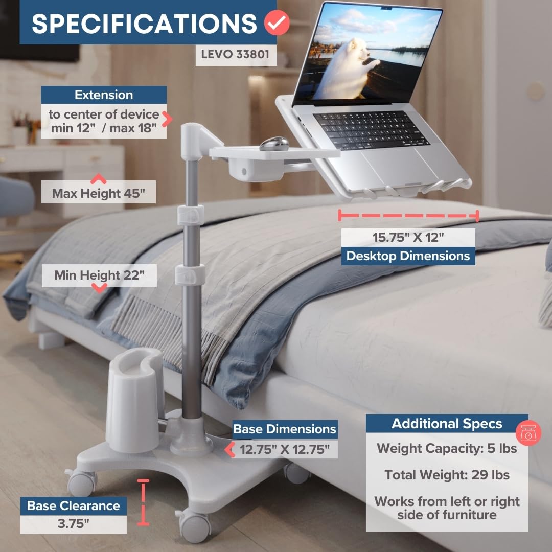 G2 Deluxe Adjustable Laptop Stand – Rolling Computer Desk & Ergonomic Table for Bed, Sofa, or Office – Portable Mobile Workstation with Tilt – Fits Devices up to 16″ - Silver & White