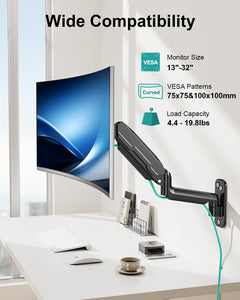 Single Monitor Wall Mount for 13 to 32 Inch Computer Screens, Height Adjustable Wall Mount Monitor Arm Holds Up to 19.8lbs, Full Motion Wall Bracket, VESA Mount 75x75, 100x100, Black