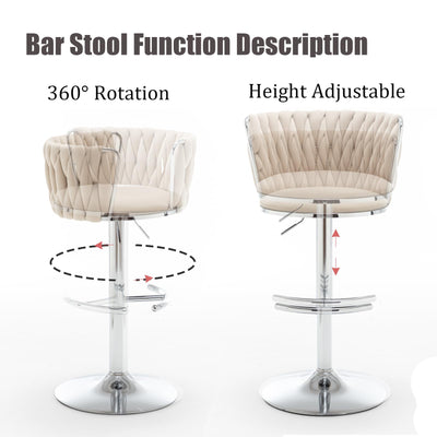 Velvet Bar Stools Set of 2, Swivel Counter Height Bar Stools with Back, Adjustable Woven Barstools for Kitchen Island, Pub, Club (Beige)