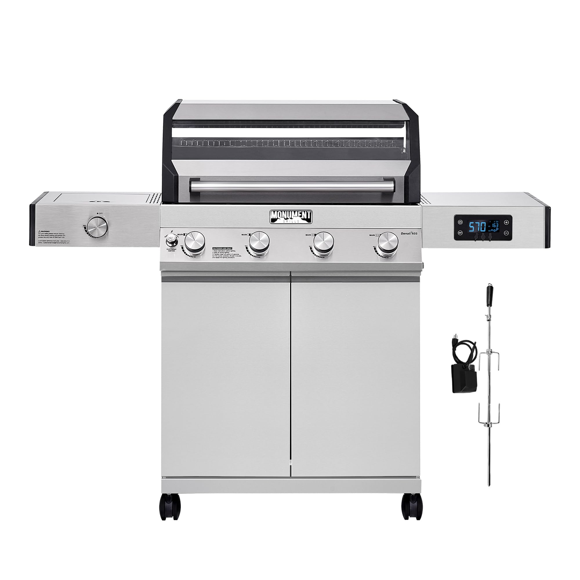 Denali 405 4-Burner Liquid Propane Gas Smart bbq Grill Stainless Steel with Rotisserie Kit(2 items)