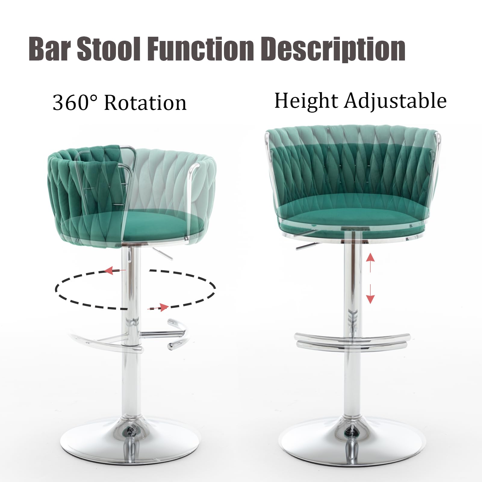 Velvet Bar Stools Set of 4, Swivel Counter Height Bar Stools with Back, Adjustable Woven Barstools for Kitchen Island, Pub, Club (Green)