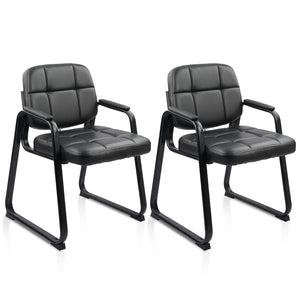 2 Pack, Waiting Room Guest Chair with Bonded Leather Padded Arm Rest for Office Reception and Conference Desk Black with Sled Base