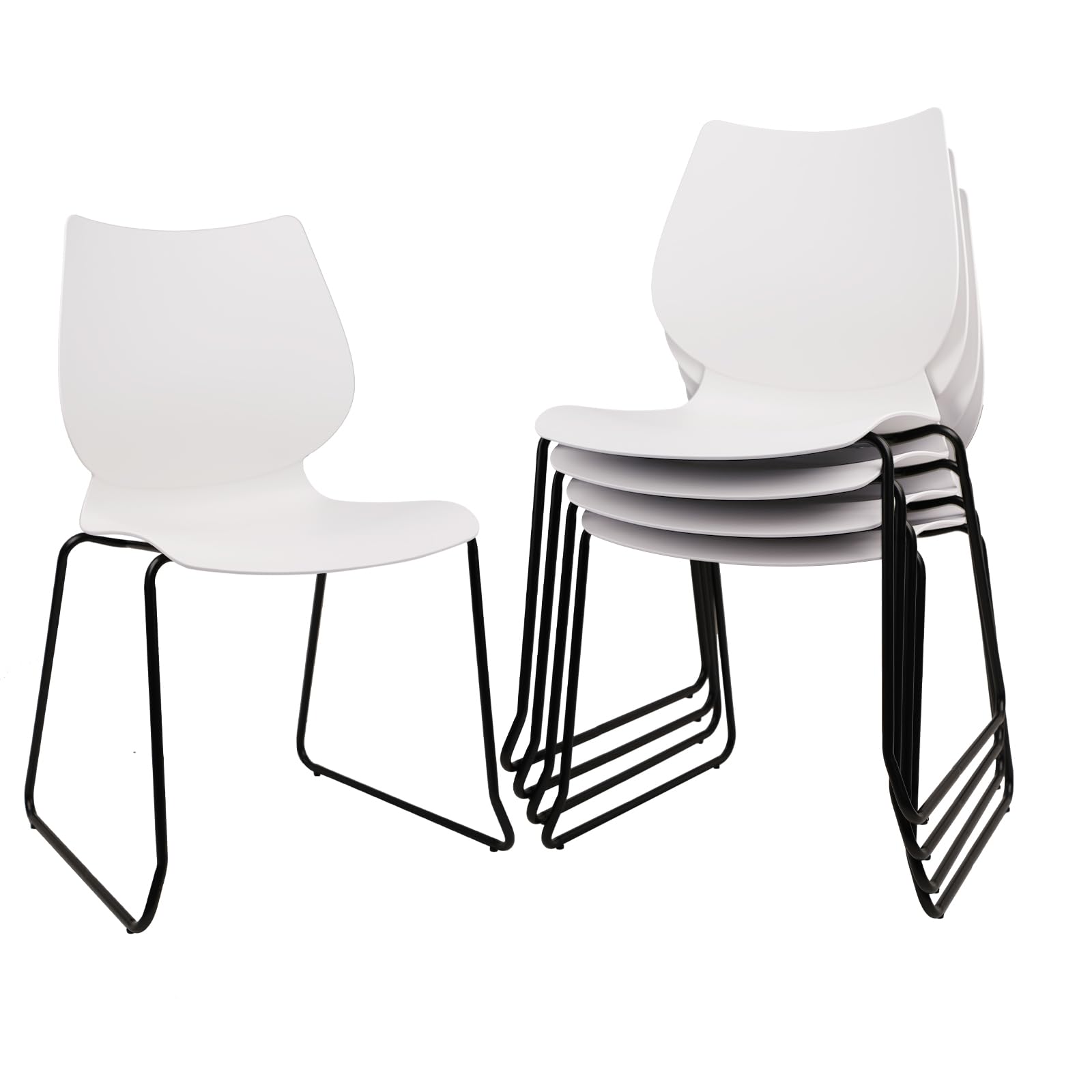 Set of 4, White, Stackable Waiting Room Chair, Stacking Office Chair with Ergonomic Lumbar Support and Metal Legs, Plastic Desk Chairs for Conference School Church Guest Reception