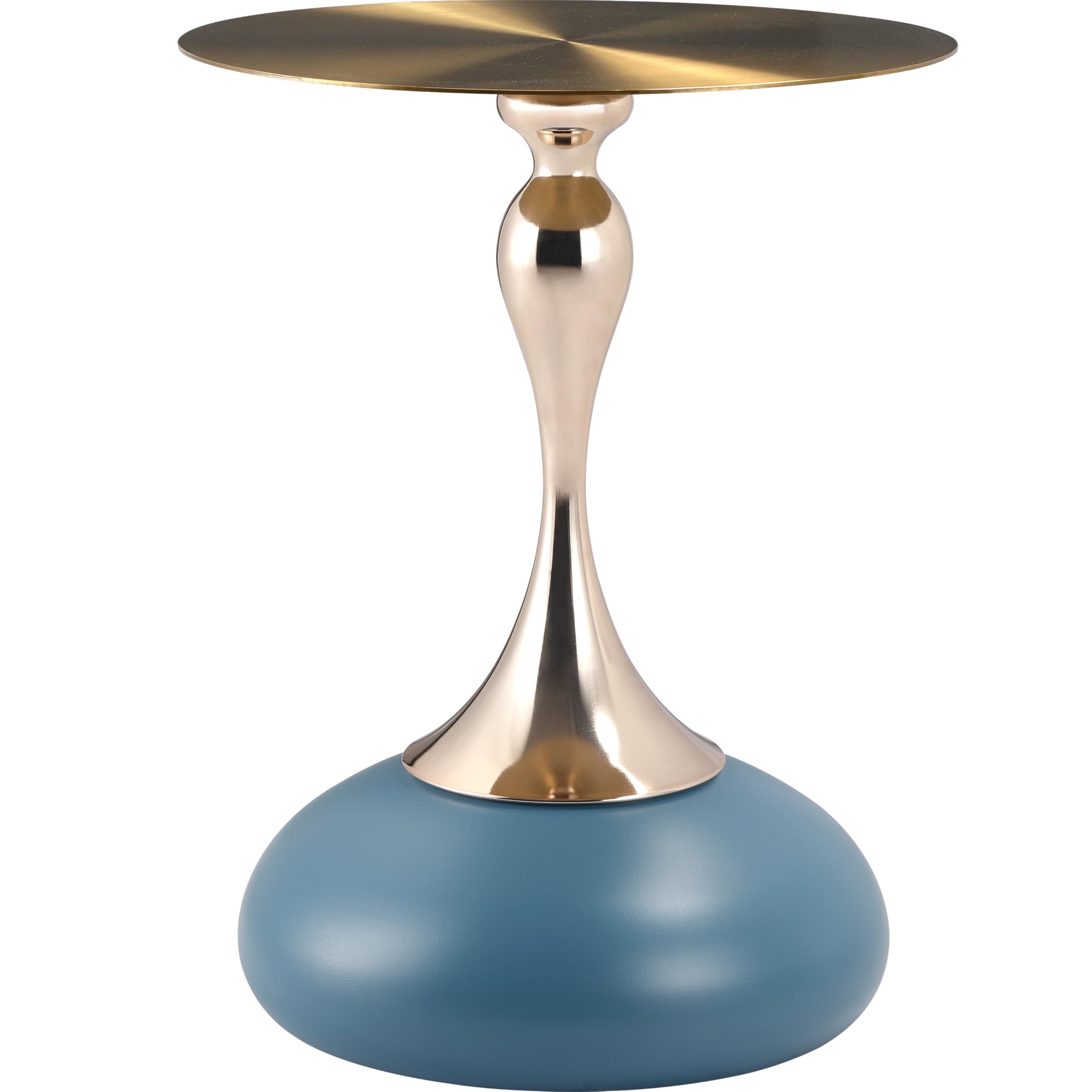 Modern Round Side Table with Gold Stainless Steel Top, Gold Pedestal Stem & Glossy Base, Accent End Table for Living Room, Bedroom, or Small Spaces, 17.7" × 21.6", Blue