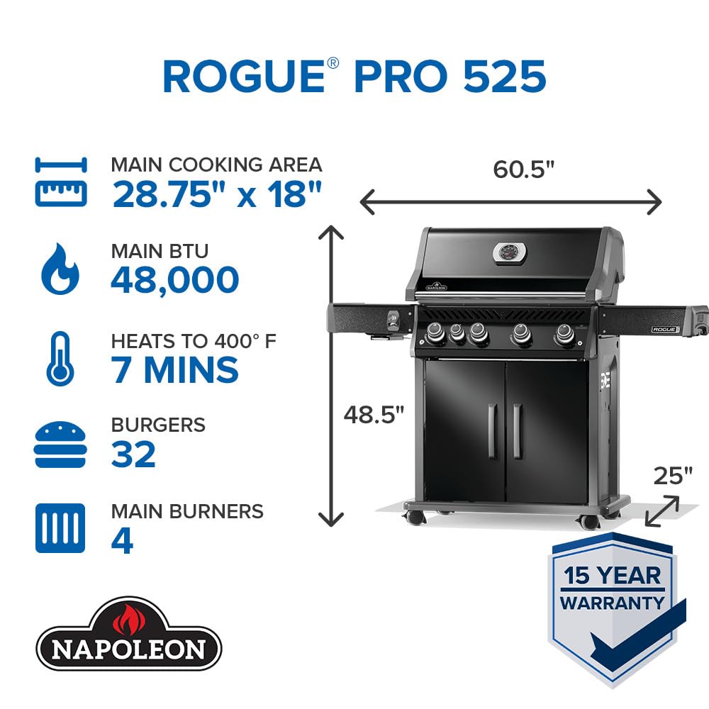Rogue PRO 525 Natural Gas Grill with Infrared Side Burner, Black, Durable 5-Burner Cooking Surface
