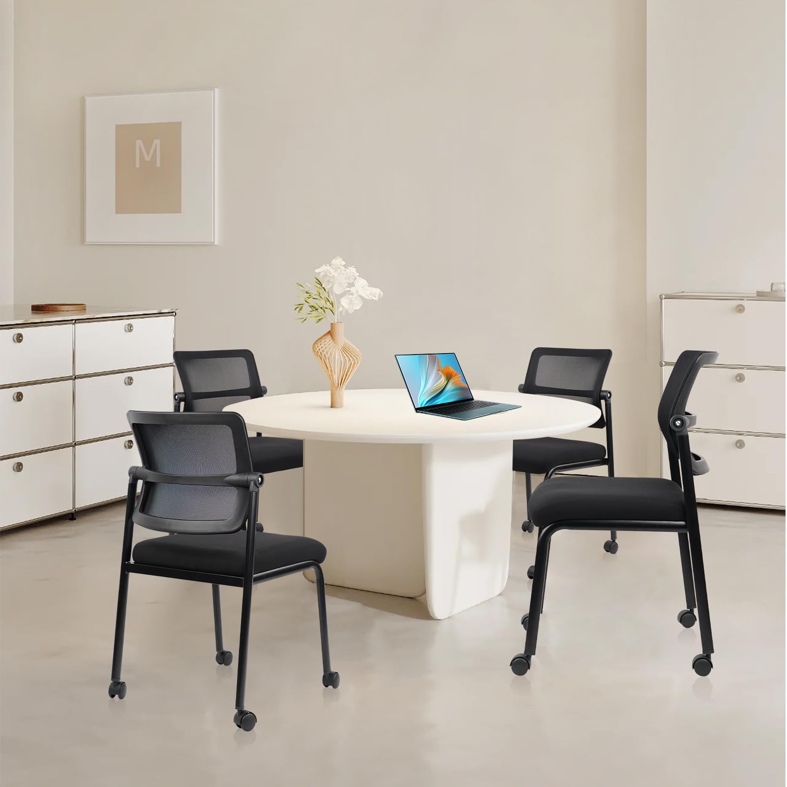 Stacking Chairs 8 PK, Adjustable Backrest Stackable Mesh Office Waiting Room Armless Chair with Wheels for Guest Reception Conference Lobby Side School, Black
