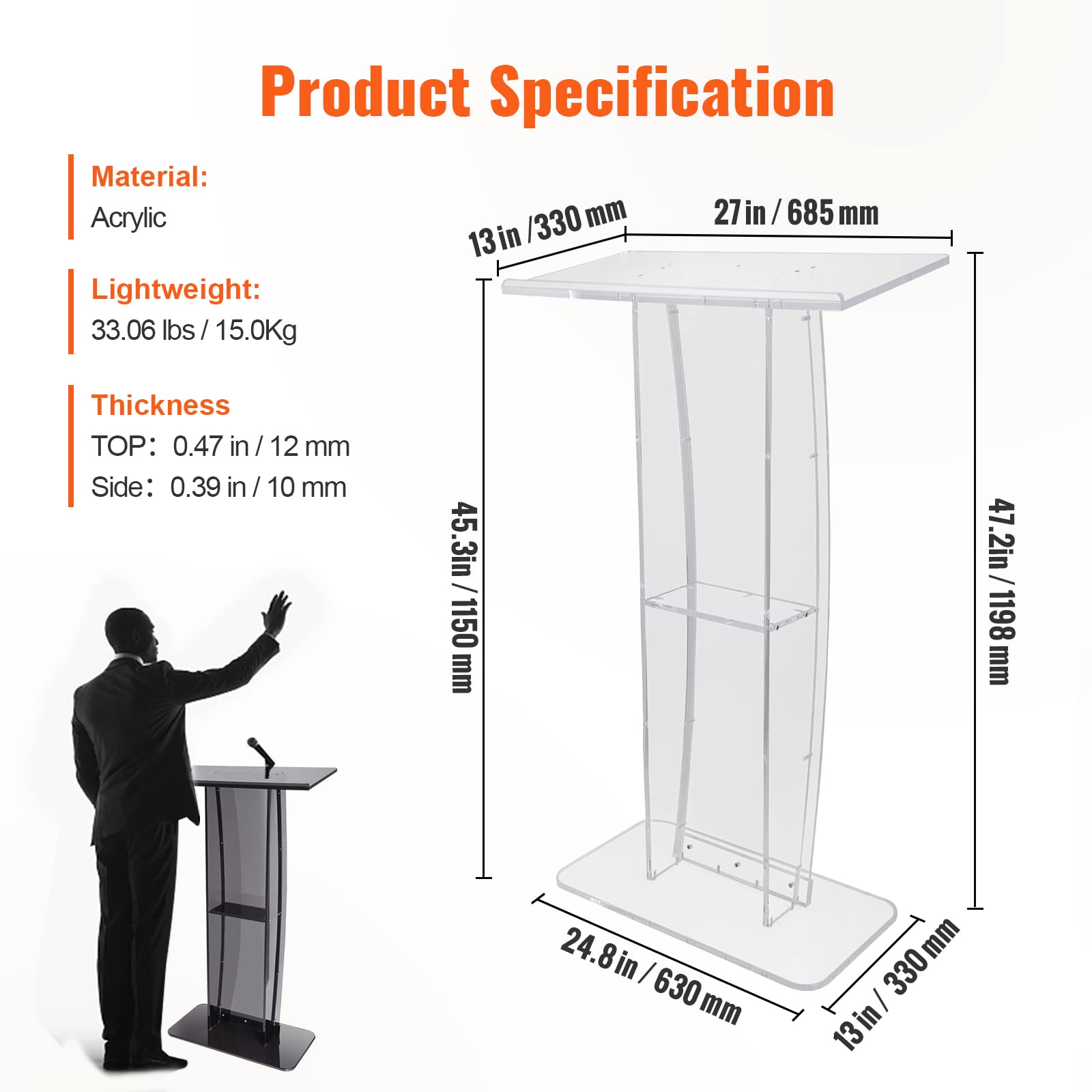 Acrylic Podium, 47" Clear Acrylic Podium Stand with Wide Reading Surface & Storage Shelf, Floor-Standing Clear Pulpits Acrylic for Church Office School