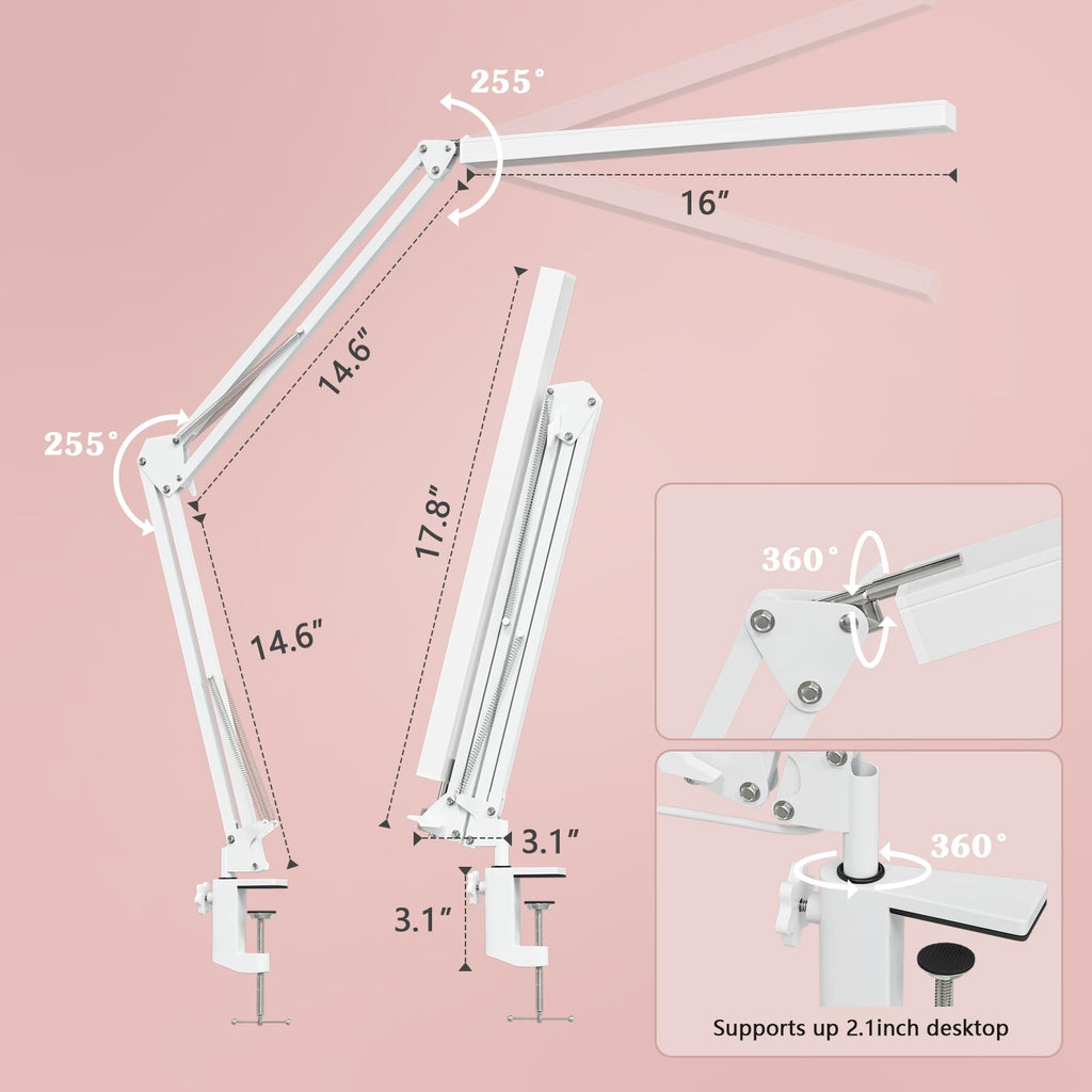 LED Desk Lamp, Manicure Table Lamp, 16" Lamp Head, Dimmable Eye-Caring Drafting Light with 3 Color Modes, 10 Brightness Levels & Adapter, Memory Function(White)