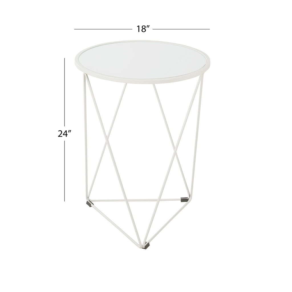 Metal Accent Table Triangle Base Round Mirror Top, White 18.24D x 24W x 18H in