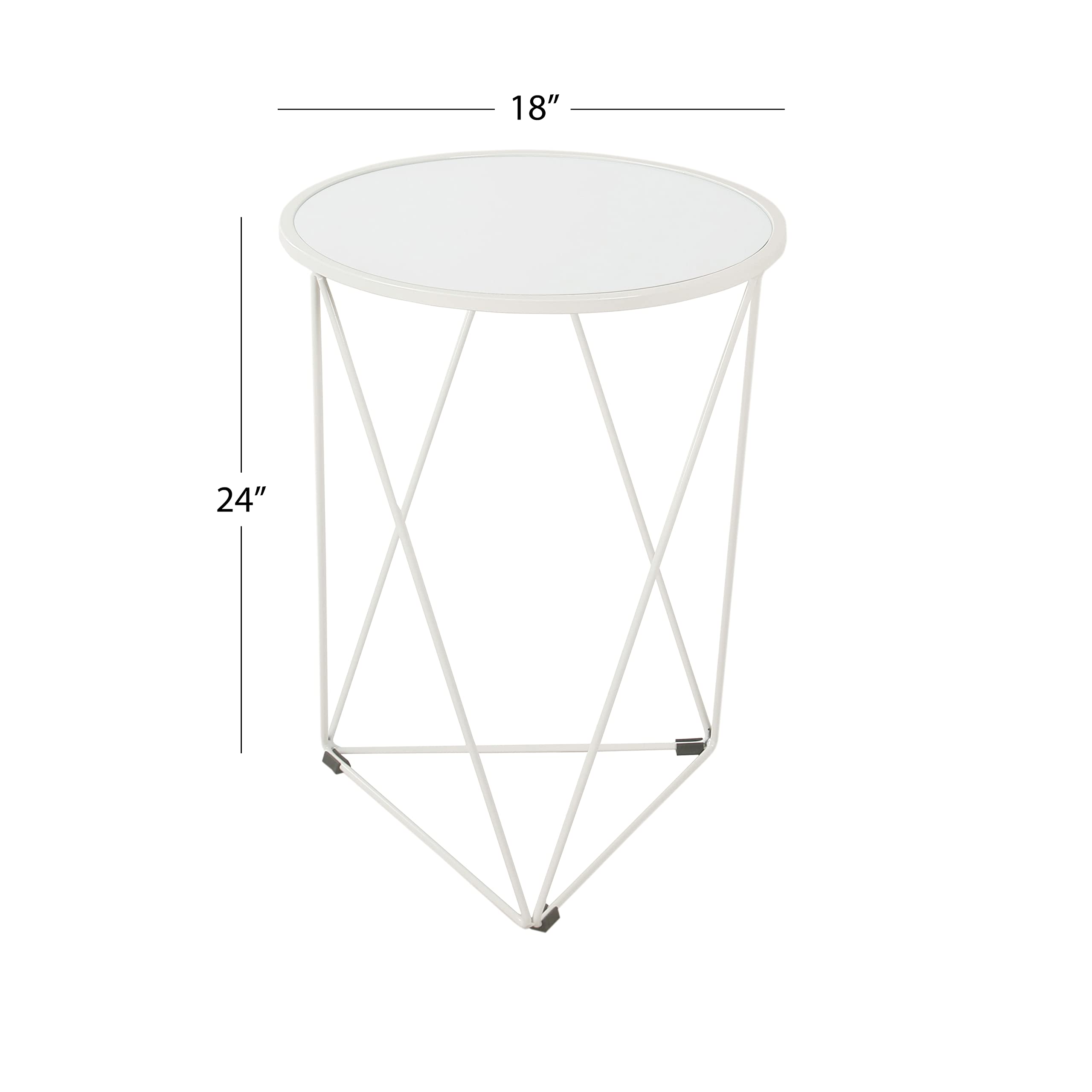Metal Accent Table Triangle Base Round Mirror Top, White 18.24D x 24W x 18H in