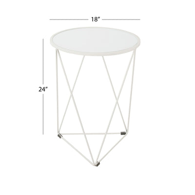 Metal Accent Table Triangle Base Round Mirror Top, White 18.24D x 24W x 18H in