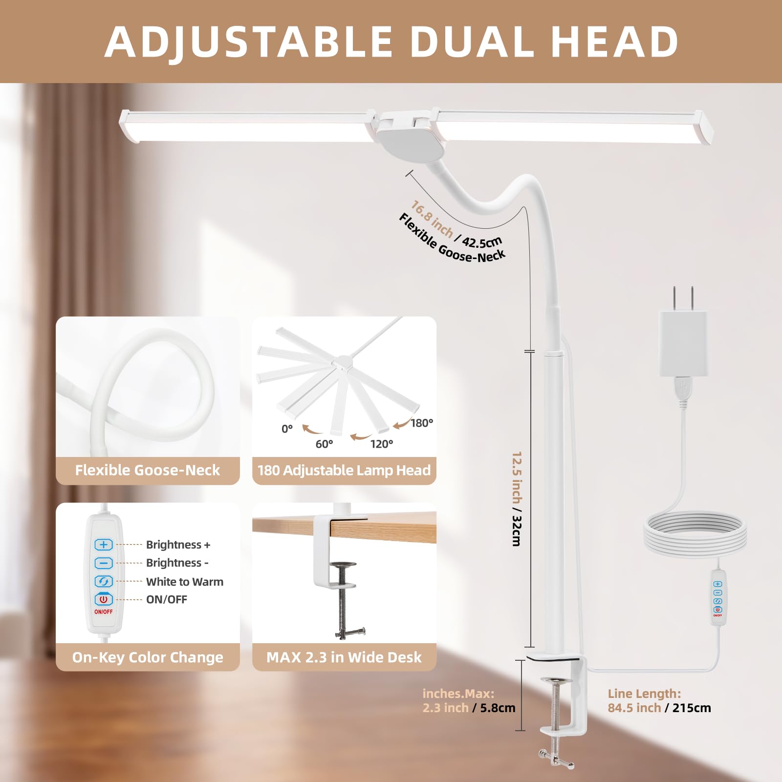 LED Desk Lamp for Home Office, Double Head Architect Light with Clamp, Computer Monitor Clip on Light, 3 Modes and 10 Brightness, Adjustable Flexible Goose-Neck, Table Task Lamp, White